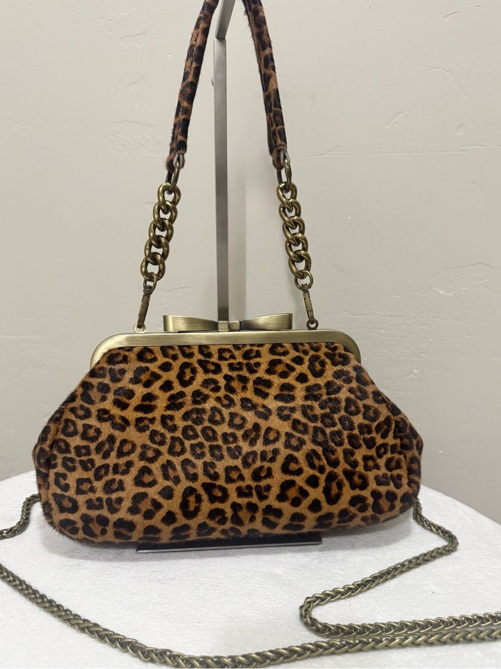 Leopard Hair-on Cowhide Handmade “Bow” Shaped Kisslock Clutch Bag, Crossbody